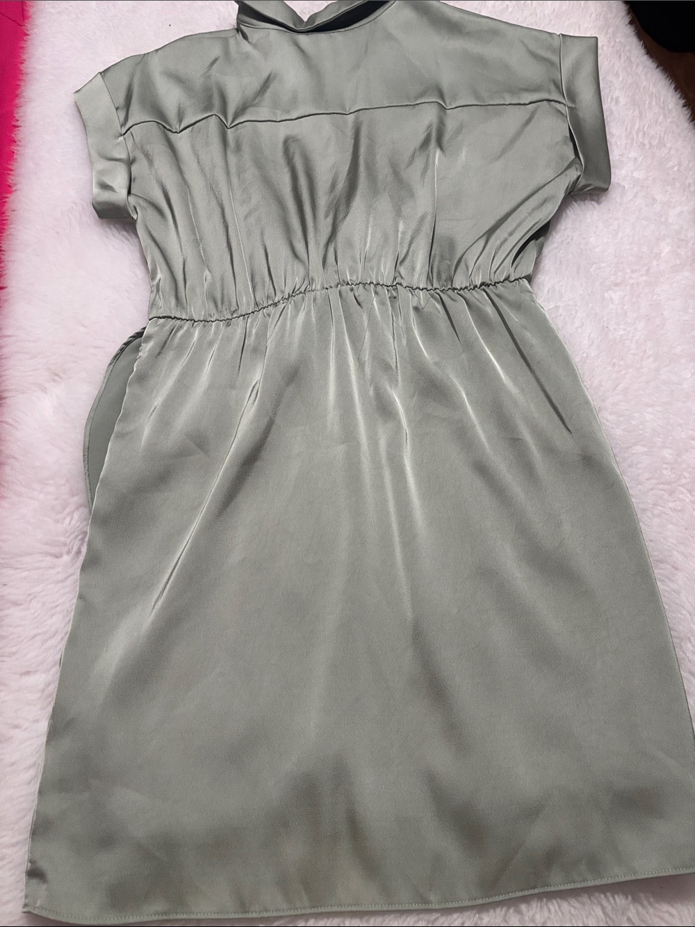 entro Satin Faux-Wrap Mini Dress in Sage - Picture 9 of 12